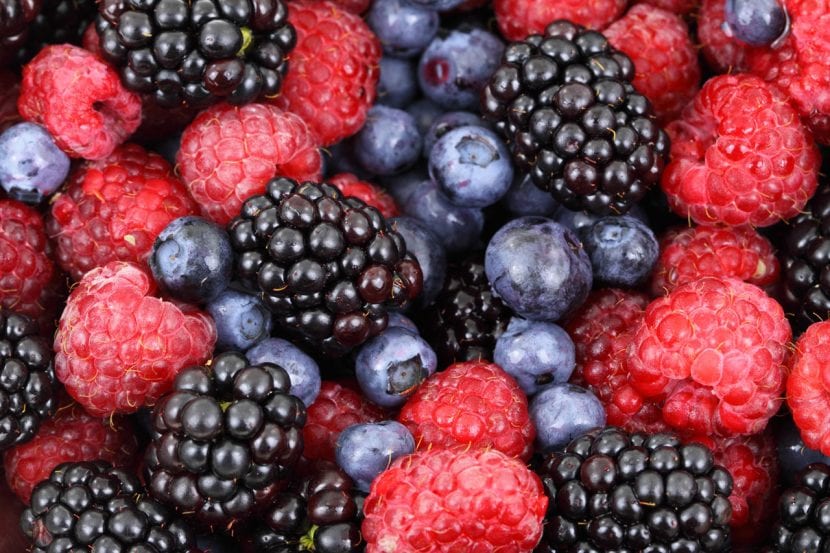 Surtido de frutos del bosque: arándanos, frambuesas, moras y grosellas