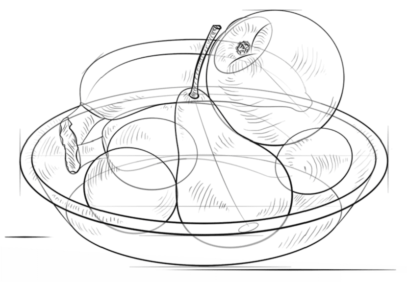 Dibujo de una cesta de mimbre con frutas variadas