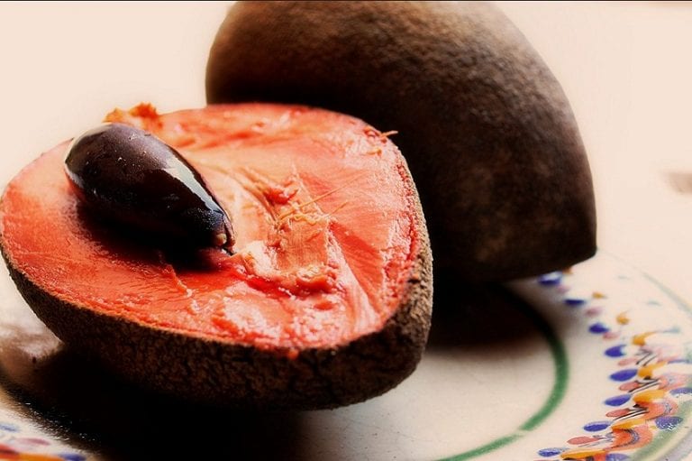 Fruto de mamey abierto mostrando la pulpa de color salmón y la semilla
