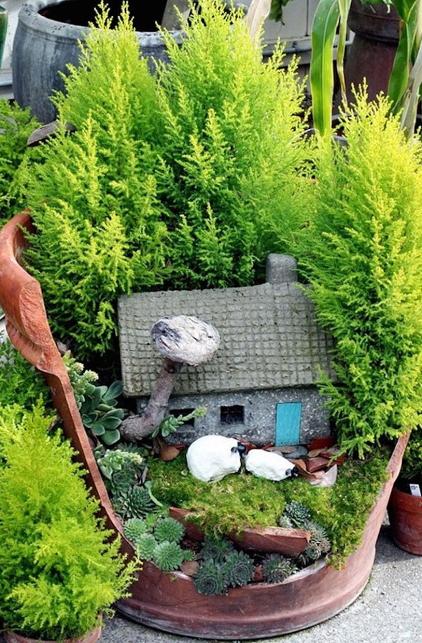 Jardín de hadas con macetas rotas: cómo hacerlo