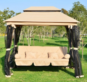 Balancín de tres plazas con dosel tipo pérgola y mosquitera lateral
