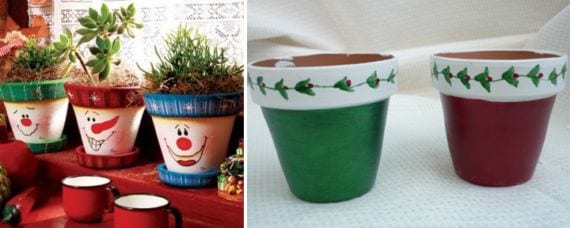 Macetas con diseño navideño alineadas