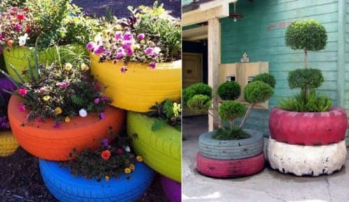 Macetas hechas con neumáticos reciclados y pintados