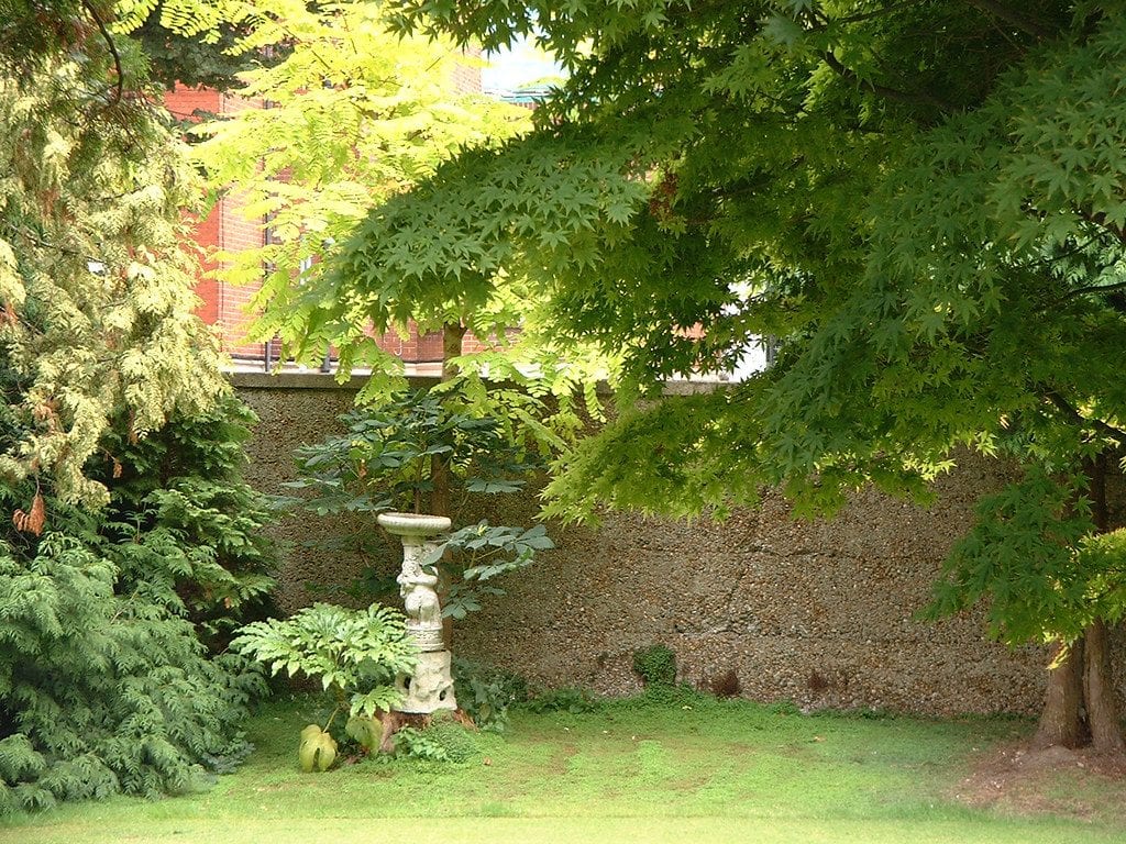 Jardín inglés con pradera de césped y arbolado de fondo