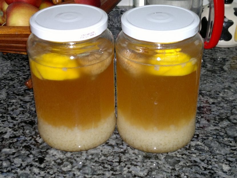 Gránulos de kéfir de agua en un tarro de cristal
