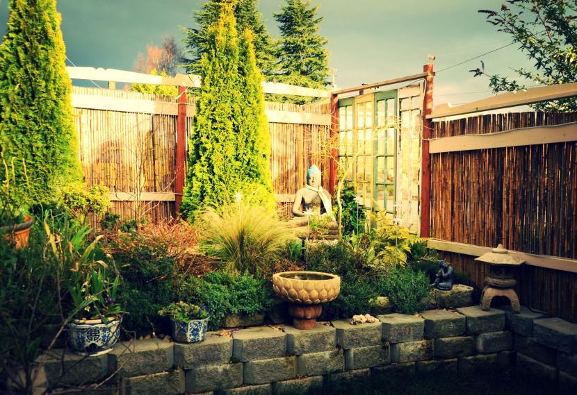 Jardín en verano con distintas plantas y zonas de sombra
