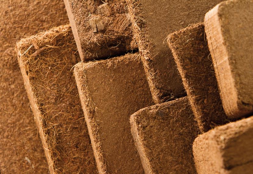 Bloque de fibra de coco comprimida antes de hidratarse