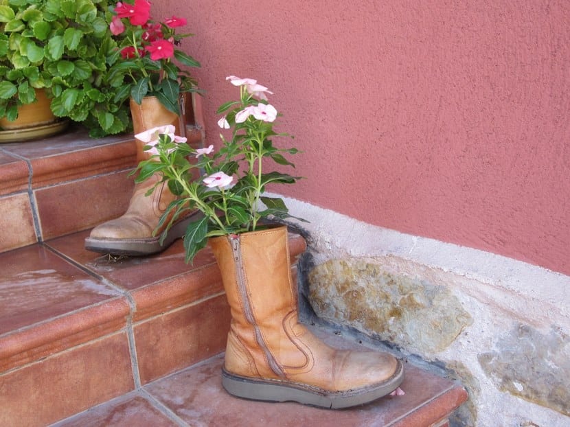 Botas viejas plantadas con flores