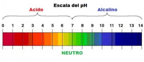 Escala del pH del 0 al 14 con los rangos ácido, neutro y alcalino
