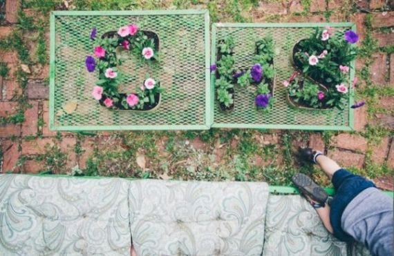 Letras formadas con plantas en el jardín