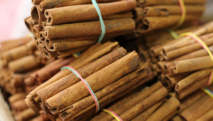 Manojos de ramas de canela atados con gomas de colores